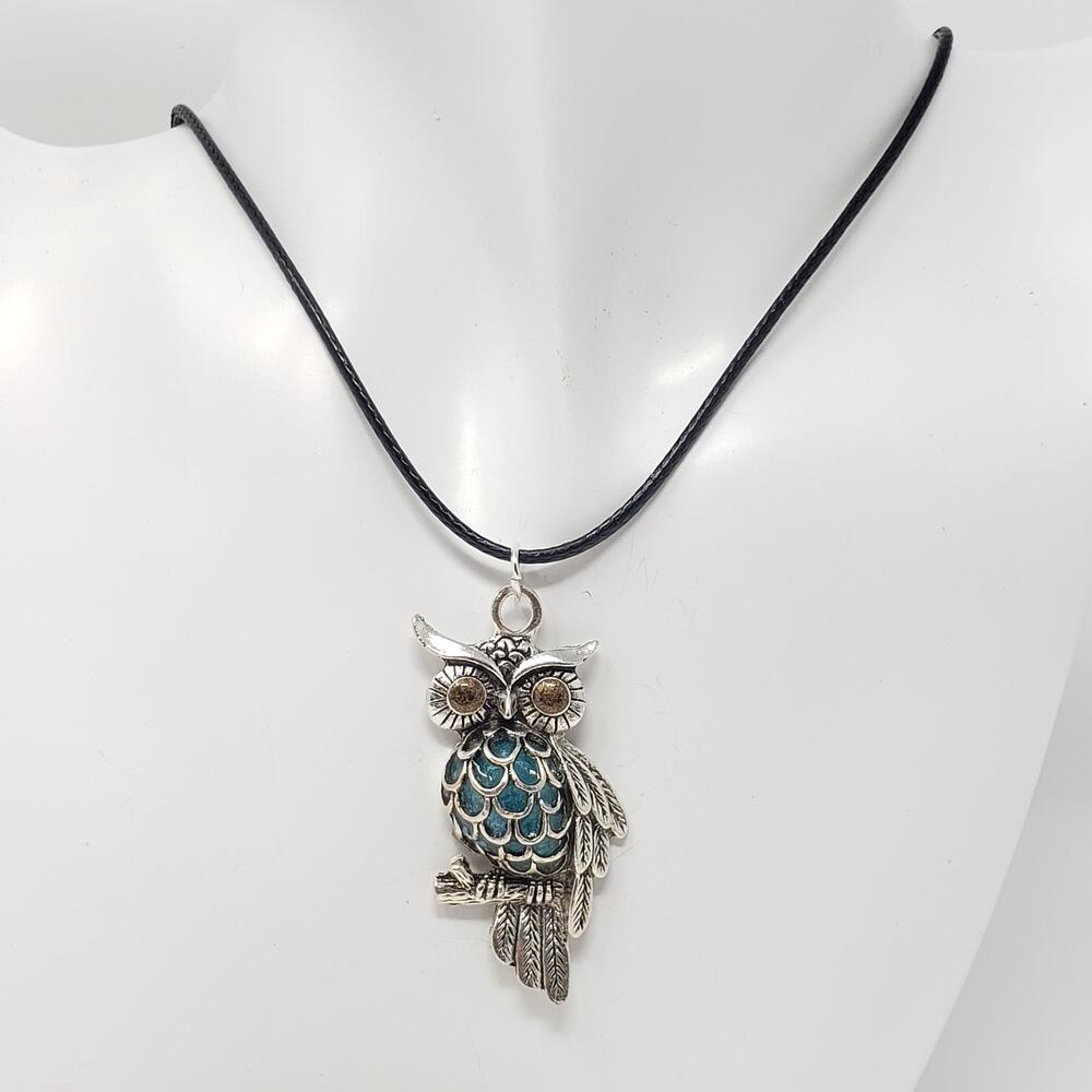 Owl Pendant Necklace w/ Teal Blue Resin Body & Bronze Eyes